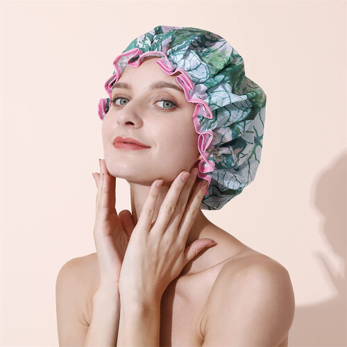(Broken Leaves) Waterproof Shower Cap Double Layer Printed Shower Cap for Women Bath Cap Hat