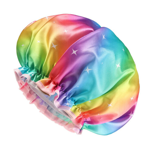 (Rainbow Starlight) Waterproof Shower Cap Double Layer Printed Shower Cap for Women Bath Cap Hat