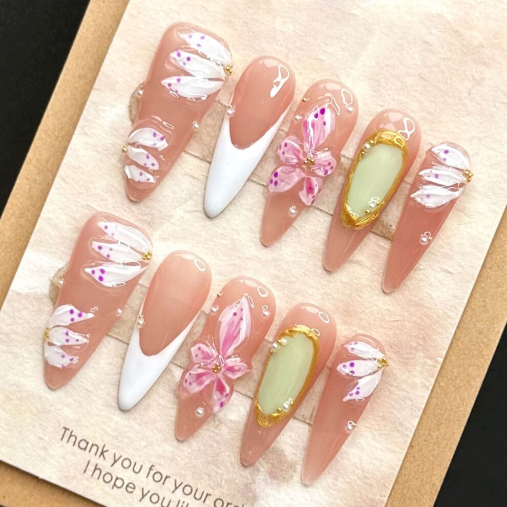 Dachuang Beauty Pink (S) Glossy Floral False Nails - Unbreakable & Stylish