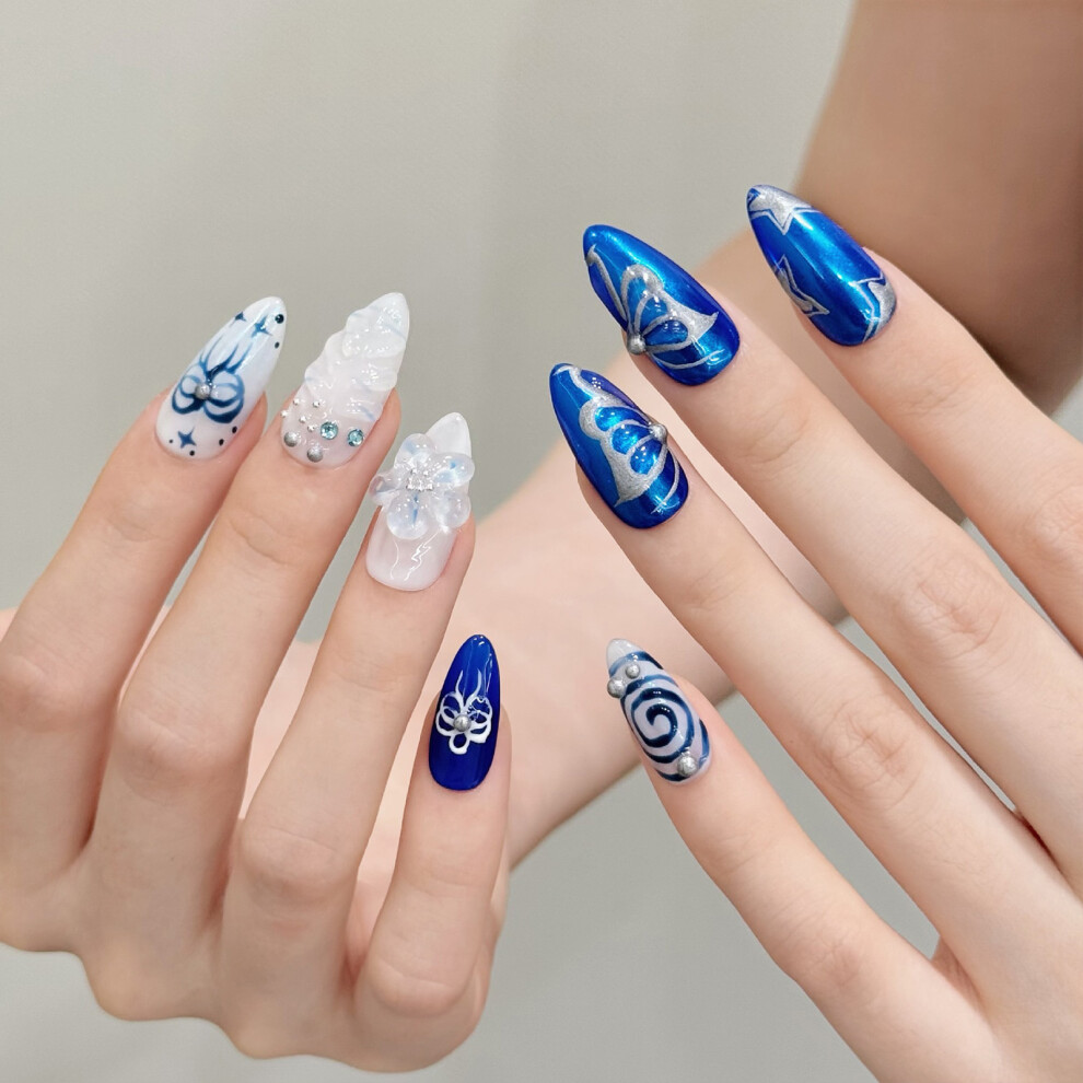 Hue-Grain (Xs) 10Pcs Glossy White Blue Almond False Nails