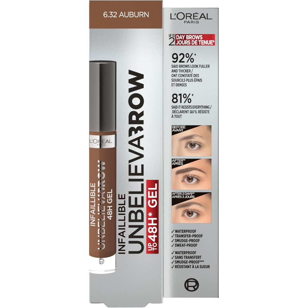 LâOrã©Al Paris Red,Brown L'oreal Unbelieva Brow Longwear Brow Gel - 6.32 Auburn
