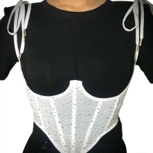 (White, L) Women's Sequin Lace-Up Tie-Back Bustier Corset Sheer Mesh Cincher Belt Blouse