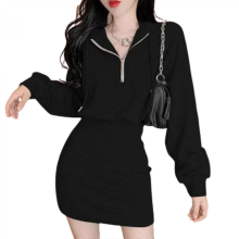 (Black, S) Women's Long-Sleeved Hooded Slim Fit Mini Dress