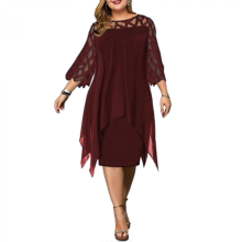 (Burgundy, XL) Elegantes, voluminöses Midikleid mit langen Ärmeln und asymmetrischem Saum.