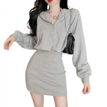 (Gray, M) Women's Long-Sleeved Hooded Slim Fit Mini Dress