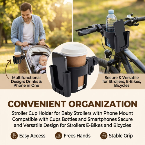 2-in-1 Cup & Phone Holder for Strollers & Bikes 1