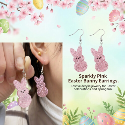 (Pink) Glitter Easter Bunny Earrings - 50 Char 1