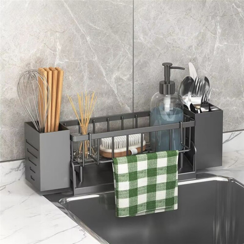 Kitchen Sink Organizer Rack - Plastic Self-Draining Shelf for Soap, Sponge, Dishcloth, Towel, with Filter Basket B 1