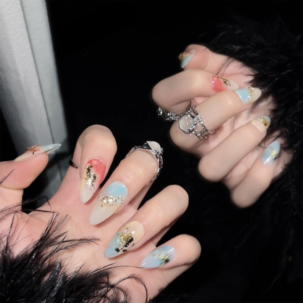 Hue-Grain (Xs) Colorful Almond Smudge Press On Nails For Diy