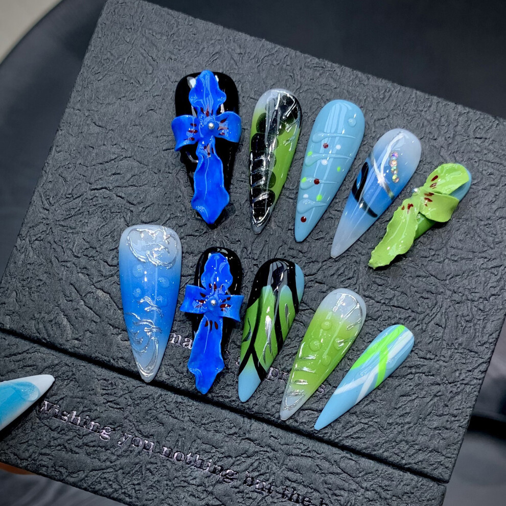 Dachuang Beauty (L) Blue Floral False Nails For Women - 50 Chars
