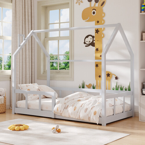White Wooden House Bed Frame with Chimney Design