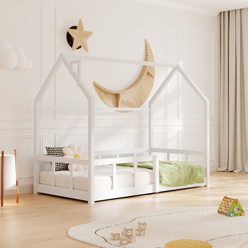 White Wooden House Bed Frame with Chimney Design 1
