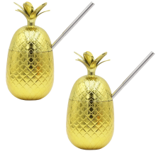 2 Pack Pineapples Drink Cups, 450Ml Gold Pineapples Tumbler with Stretched Straw, Hawaiian Luau Part