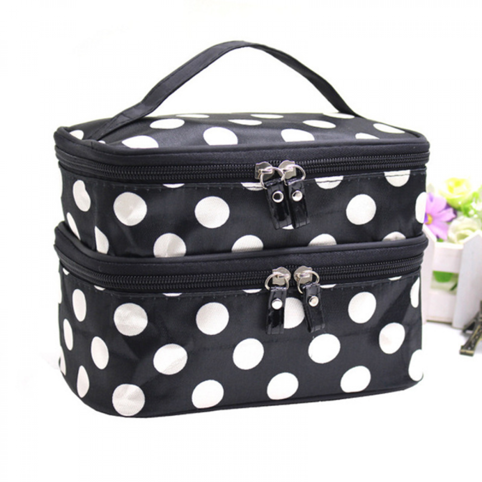 Small Travel Makeup Bag Cosmetic Organizer Case For Women, Professional Layer Black Pink Dot Toiletry Train Brush Bags For Girls Ladies
