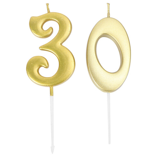 2 velas doradas con número 30 para pastel de cumpleaños