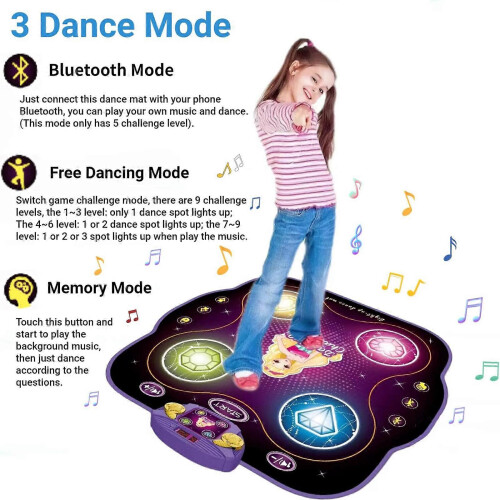 Tapete de Dança para Crianças com Idade a Partir de 3 Anos com Luzes LED Bluetooth, Antiderrapante Impermeável 33x35 Polegadas Pliável 1