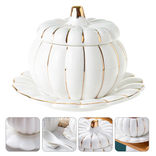 One Set Pumpkin Shaped Ceramic Rice Bowl With Lid White 1