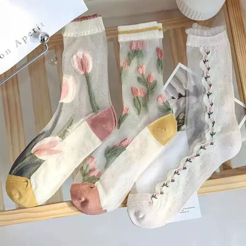 (3PCS) Floral Summer Socks - Silky Thin & Breathable