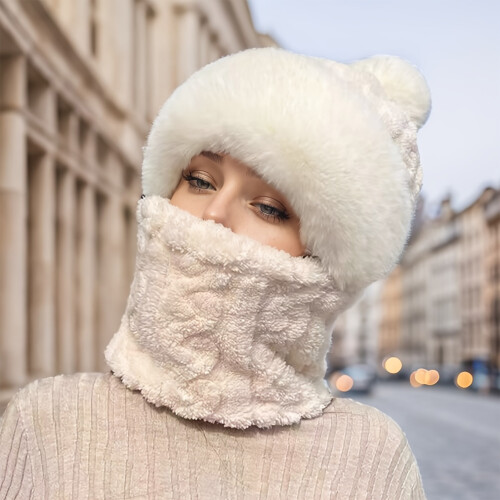 (Creamy White) Winter Plush Hat with Neck Warmer - Warm Gift