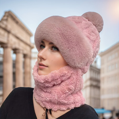 (Pink) Winter Plush Hat with Neck Warmer - Warm Gift