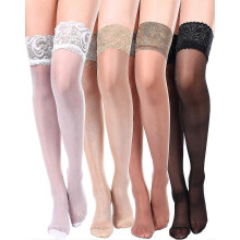 (Black White Nude) 4 Pairs Women Thigh High Stocking Silicone Lace Top Stockings Silky Stocking