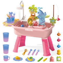 Pink Kitchen Sink & Fishing Platform 2-in-1 Toy Set with Water Supply Function Simulation