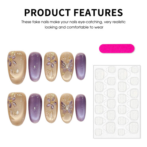 (XS) 10 Ongles Faux Chat Or Fleurs