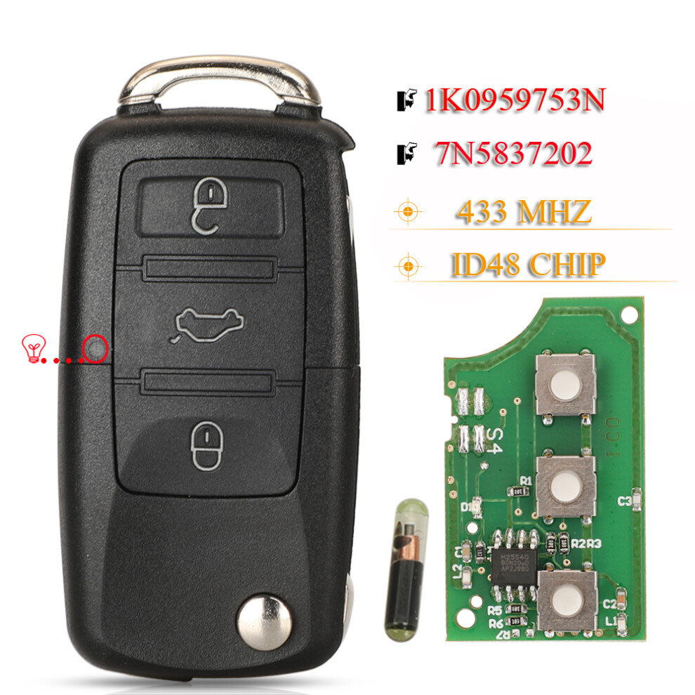 Smart Car Key Fob 433Mhz Id48 1K0959753n 7N5837202 For Vw Passat Skoda Fabia Octavia Caddy Golf Polo Hu66 Blade 6935161687309
