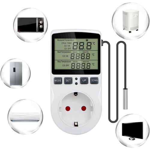 Temperature Control Socket with Backlight LCD for Greenhouse, -40 to 120 Range with Heating/Cooling Mode External Sensor 1