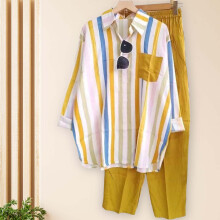 (Yellow, M) Women\'s Striped Suit Set for Office & Travel