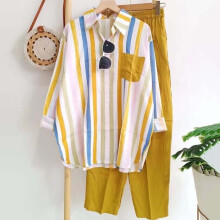 (Yellow, 5XL) Women\'s Striped Suit Set for Office & Travel