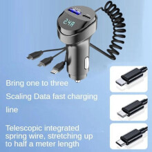 Caricabatterie da auto a doppia porta da 15 W con ricarica rapida, dotato di porte USB-C e USB-A per telefoni e tablet in auto.