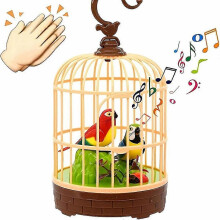 Loro electrónico parlante con jaula, pájaro animado activado por sonido y luces, juguete de animal de ABS de 10 x 20 cm para niños y adultos.