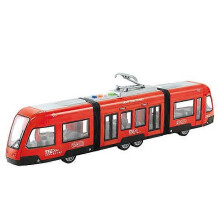 Tram giocattolo per bambini con elementi narrativi e interni visibili, grande veicolo da gioco di 49 cm realizzato in materiale ecologico.