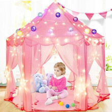 Roze zeshoekige speeltent voor kinderen, met 6 ingangen en gordijnen, ideaal voor binnen- en buitenspelen. Geschikt voor kinderen vanaf 3 jaar.