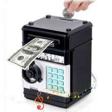 Banco de Porco com Trava de Senha, Efeitos de Luz e Som, Aceitação Automática de Notas, Brinquedo de Economia para Crianças, Design de Cofre Preto