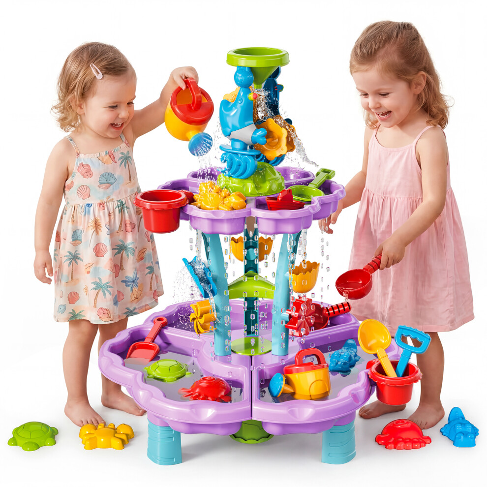 Deao Toys Kids Purple 2-Tier Sand & Water Play Table Interactive Waterfall Activity Table With Accessories