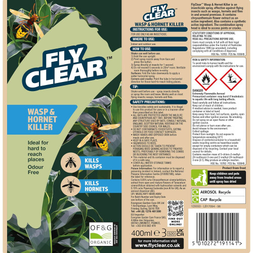 FlyClear Wasp & Hornet Killer - Long Range Power Spray - Instant Knockdown 400ml 2