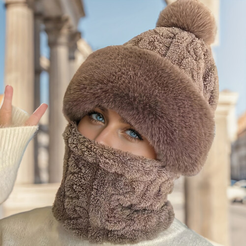 (Coffee) Winter Plush Hat with Neck Warmer - Warm Gift 2