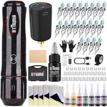 STIGMA Wireless Tattoo Machine Kit Rotary Complete Tattoo Set with 20Pcs Tattoo Cartridges Needles and Wireless Power Supply