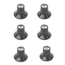 Gitarové gombíky (sada 6 kusov) z čierneho a strieborného plastu, náhrada za 6 mm ovládaciu hriadeľ.