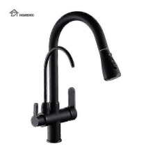 Kitchen Tap Double Handle Pull-Out Spray Black Chrome Finish Deck Mounted Sink Mixer with Drinking Water Filter