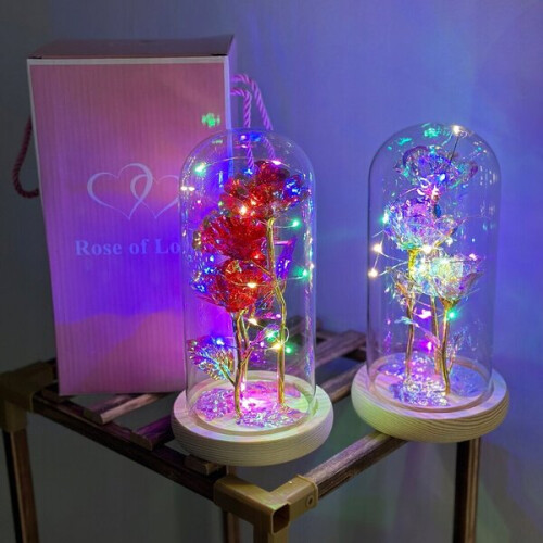 LED Rose Lamp 21cm with Transparent Dome Plastic Base, Battery Powered Decorative Light 2