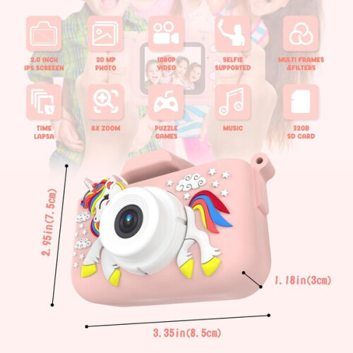 Câmera para Crianças, 12MP Foto e Vídeo 1080p, Tela de 2 Polegadas, Rosa com Cartão de 32GB e Correia para Pescoço 1