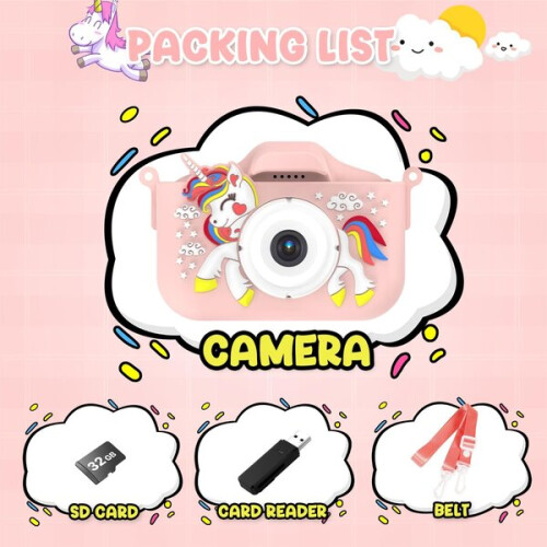 Câmera para Crianças, 12MP Foto e Vídeo 1080p, Tela de 2 Polegadas, Rosa com Cartão de 32GB e Correia para Pescoço 2