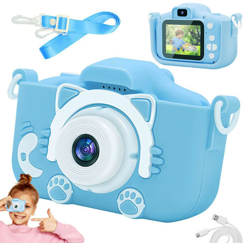 Câmera Infantil com Capa de Silicone Azul, Tela de 2 Polegadas, Vídeo e Foto em HD, Jogos Integrados Snake e Tetris para Crianças 1
