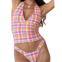 (M, Pink) Women's Halter Tank Tops Sleeveless Deep V Neck Dots Print Slim Fit Tops Summer Shirts