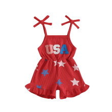 (6-12 Months, Red) Girl 4th of July Overalls Letter Star Tie Shoulder Ruffled Shorts Jumpsuit Cute Toddler Baby Summer Clothes