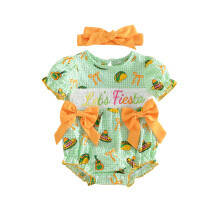 (12M, green) Baby Girls Summer Plaid Romper Short Sleeve Round Neck Bow Carnival Elements Pattern Print Bodysuit with Bow Headband