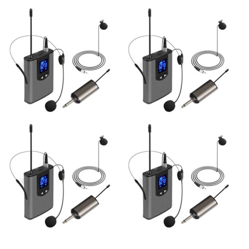 4X UHF Portable Wireless Headset/ Lavalier Lapel Microphone with Bodypack Transmitter and Receiver 1/4 Inch Output